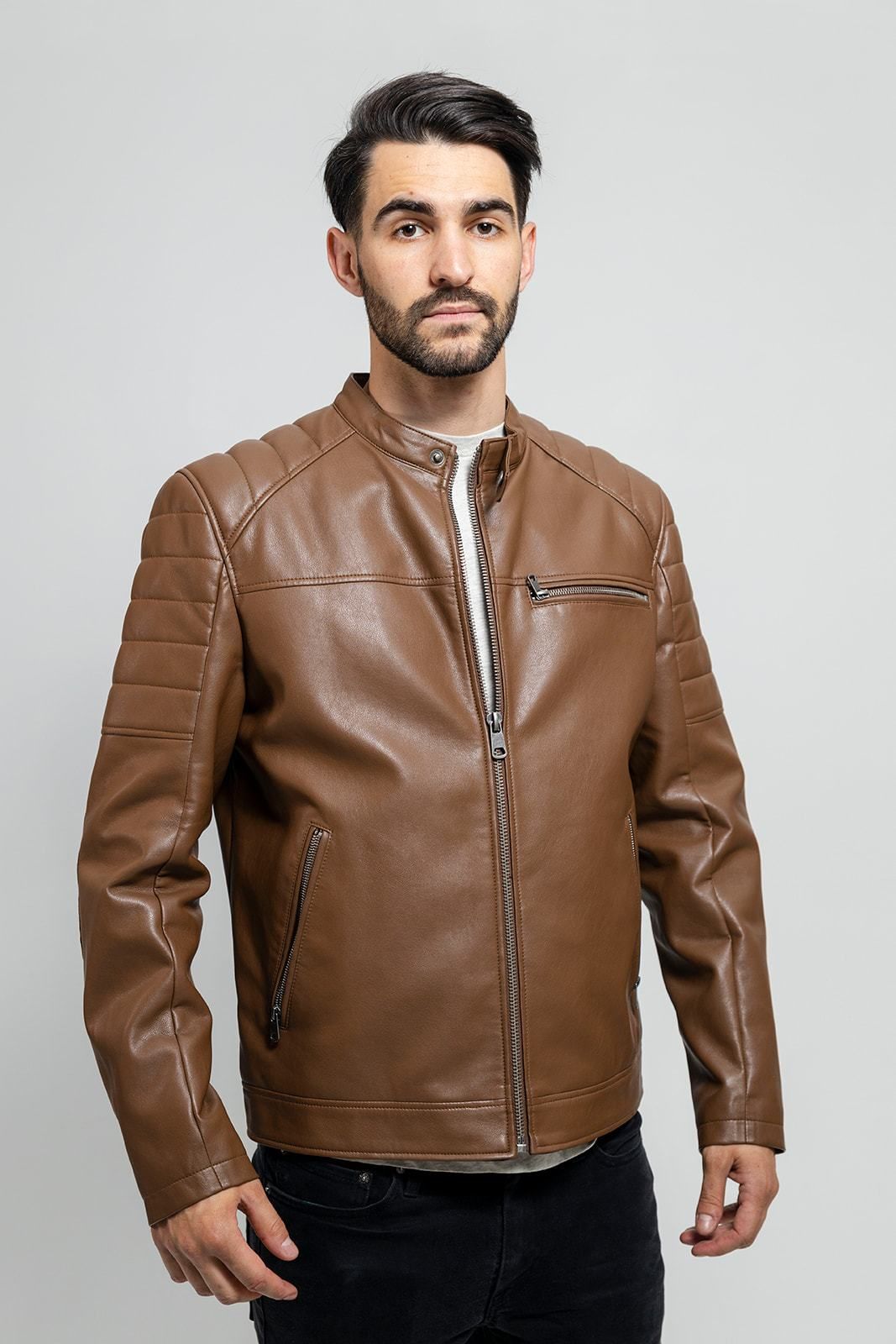 First Manufacturing Dustin - Men's Vegan Leather Jacket, Dark Camel