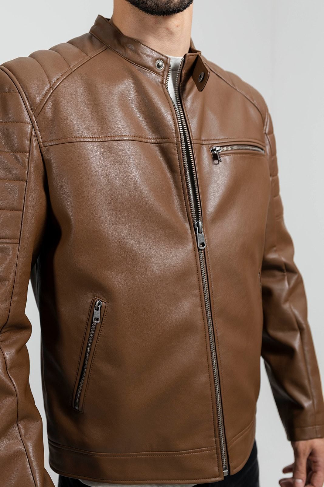 First Manufacturing Dustin - Men's Vegan Leather Jacket, Dark Camel