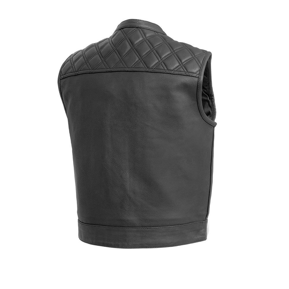 The back view of a men's First Manufacturing Upside Leather Vest.