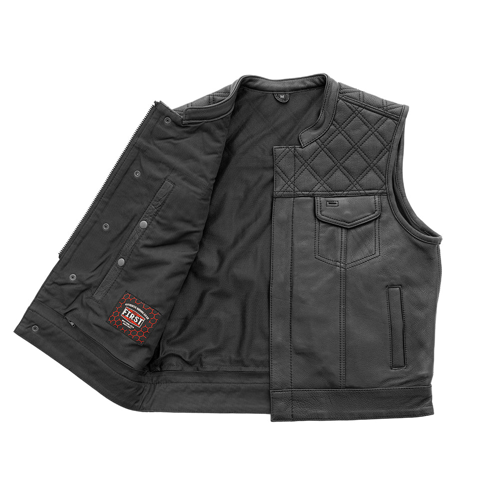 A First Manufacturing Upside leather motorcycle vest with a quilted pattern.