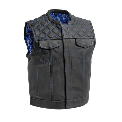A men's First Manufacturing Upside Leather Vest featuring blue stitching, perfect for a club style or motorcycle outfit.