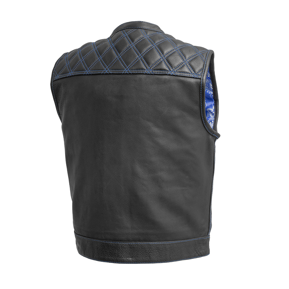 A men's First Manufacturing Upside Leather Vest with blue stitching, perfect for motorcycle enthusiasts looking for a club style attire.