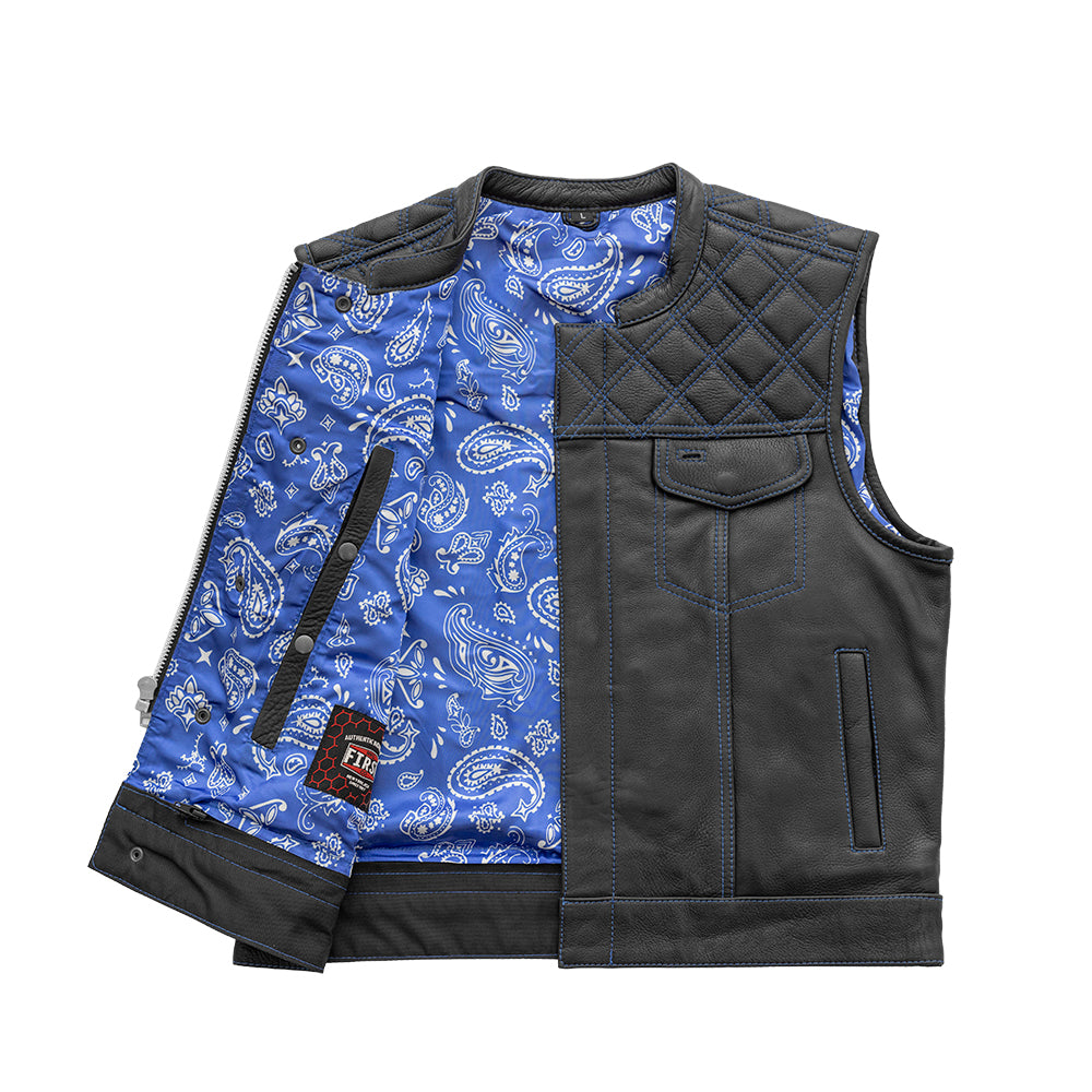 A First Manufacturing Upside Leather Vest with a blue paisley pattern, perfect for a club-style motorcycle vest.