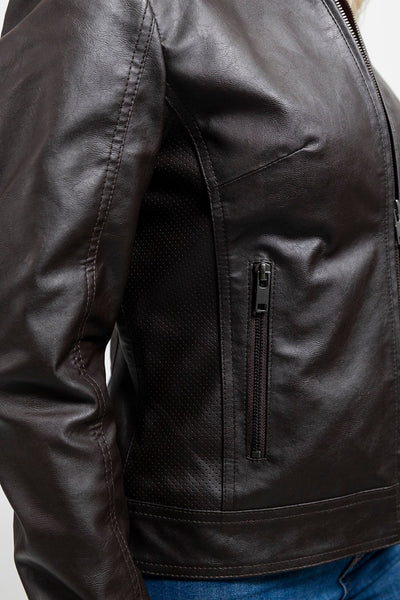 The back view of a woman wearing a First Manufacturing Beverly - Women's Vegan Leather Jacket, Brown with a center zipper.