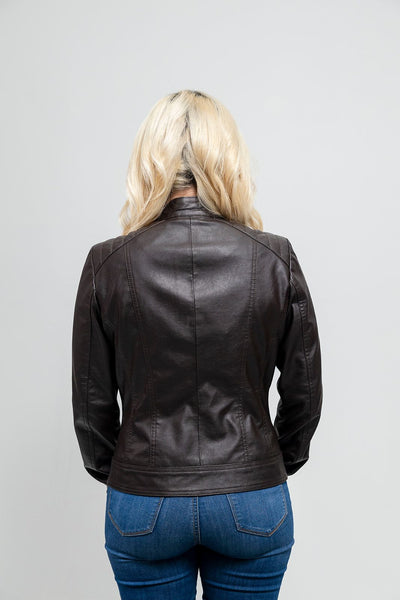The back view of a woman wearing the First Manufacturing Beverly - Women's Vegan Leather Jacket, Brown.