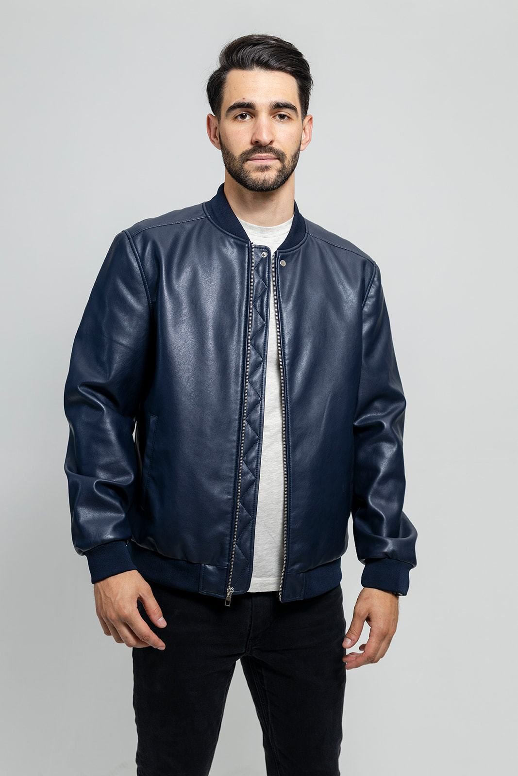 First Manufacturing Justin - Men's Vegan Leather Jacket, Navy Blue