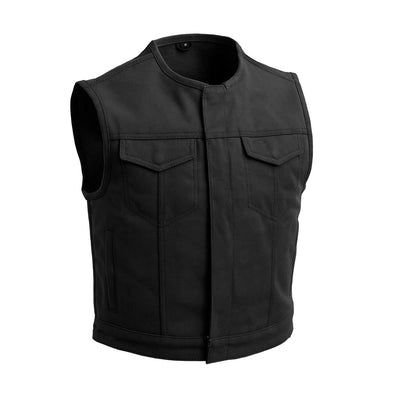 The First Manufacturing Lowside Twill - Men's Motorcycle Twill Vest (Black) features a concealed carry pocket and is made of denim twill.