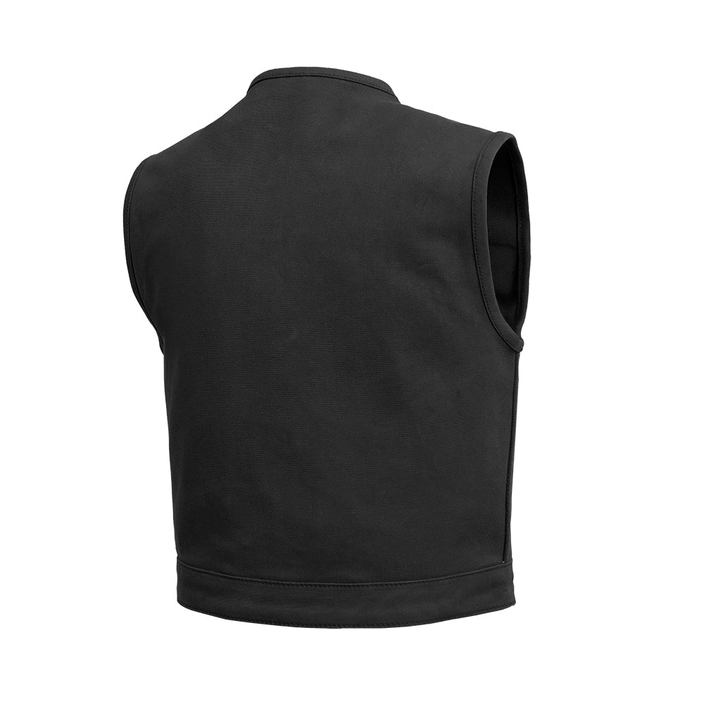 The back view of a First Manufacturing Lowside Twill - Men's Motorcycle Twill Vest (Black) on a white background.