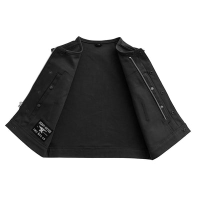 A First Manufacturing Lowside Twill - Men's Motorcycle Twill Vest (Black) with a zipper on the back.