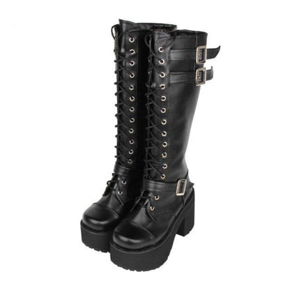 Women's Knee High Buckle Strap Punk Boots - American Legend Rider