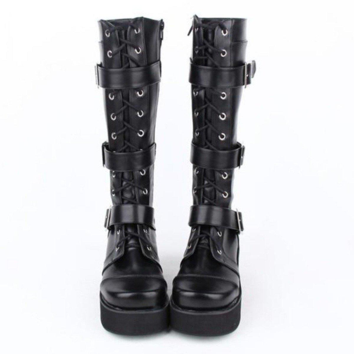 Women's Punk Gothic Buckle Straps Lace-Up Wedge Boots - American Legend Rider