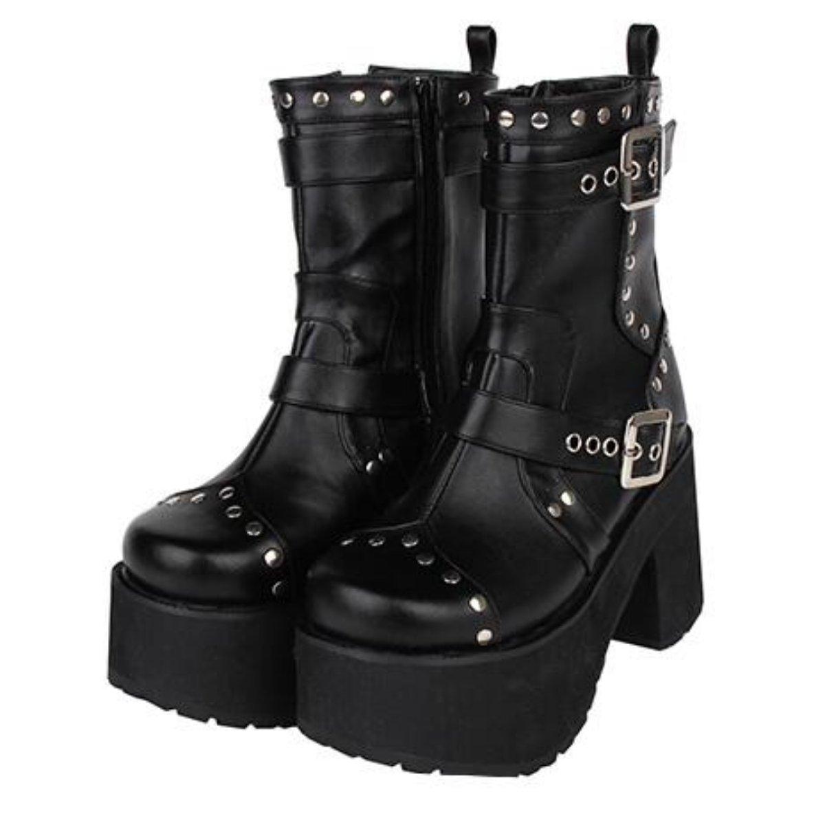 Women's Buckle Straps Studded High Heel Boots - American Legend Rider