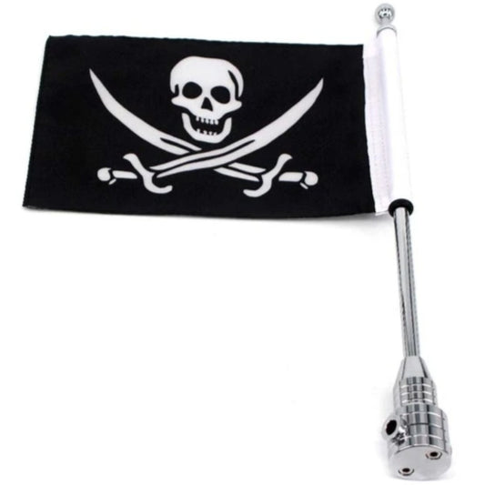 Skull & Swords Pirate Motorcycle Pole Mount 15.3" & Flag 10.6" x 6.7", Black/White