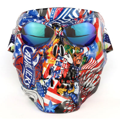 A colorful patriotic-themed Skull Face Mask with Detachable Goggles with graphics including the American flag, an eagle, and the Statue of Liberty.