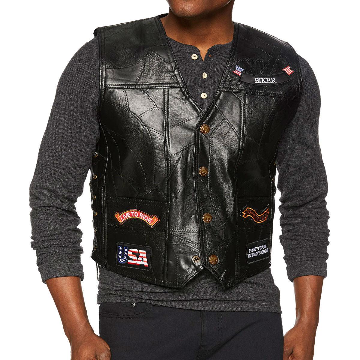 Leather motorcycle vest with lace up sides side view