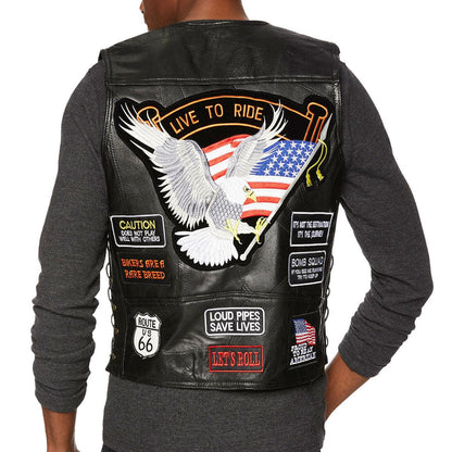 Mens biker vest snap front closure detail genuine buffalo leather