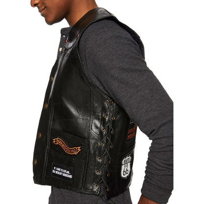 Lined interior of buffalo leather motorcycle vest with hidden zip pockets