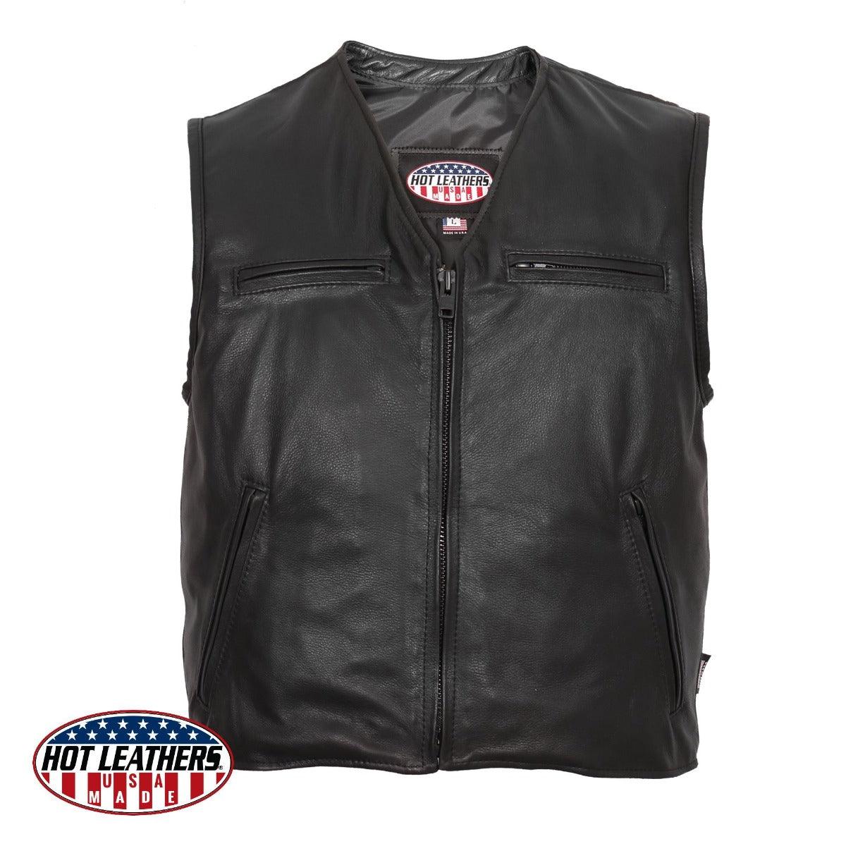 Hot Leathers Premium Usa Made Leather Men's V Neck Zipper Front Vest - American Legend Rider