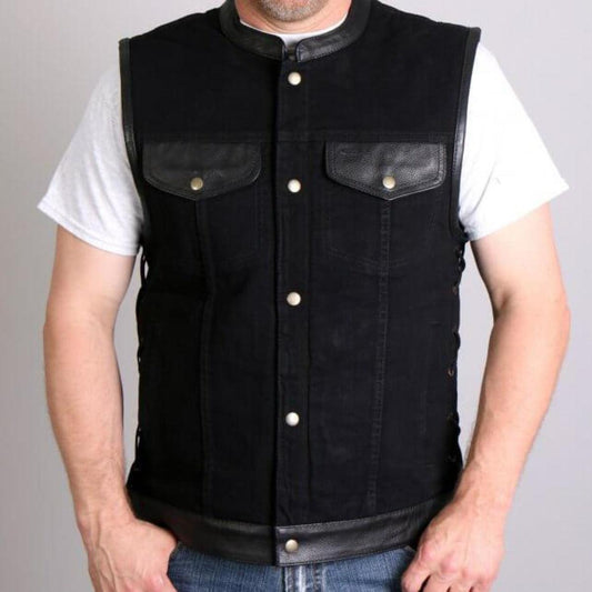 Hot Leathers Men's Black Denim And Leather Vest - American Legend Rider