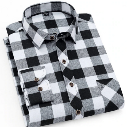 Men's Plaid Button Down Flannel Shirt, White/Black Checkered