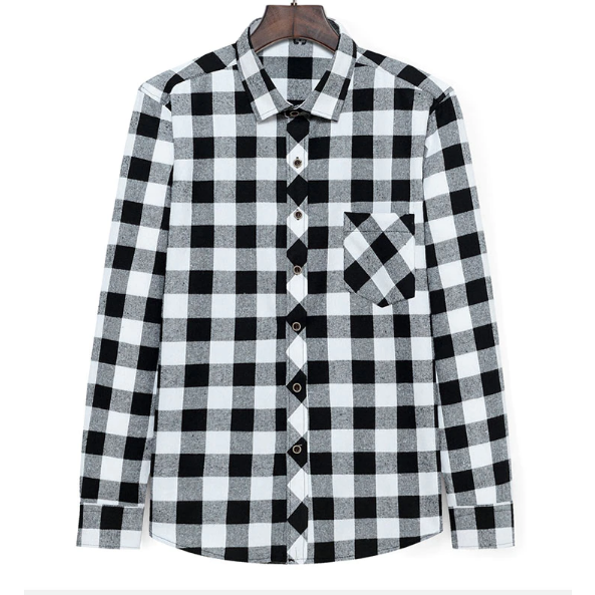 Men's Plaid Button Down Flannel Shirt, White/Black Checkered