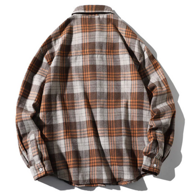 A long-sleeve Men's Classic Plaid Flannel Shirt, Yellow in shades of brown, orange, and white, displayed from the back. This American Legend Ride flannel is extra thick and cozy.