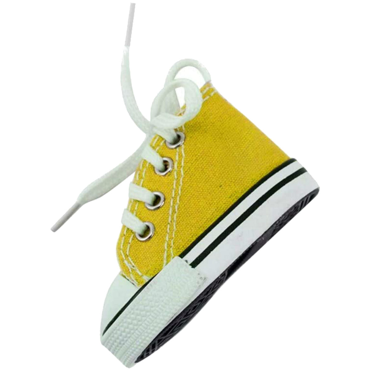 The Motorcycle Foot Support Shoes in a small yellow design, featuring white laces and a black-striped sole, are suspended upside down, ideal for motorcycle enthusiasts eager to showcase their unique style.