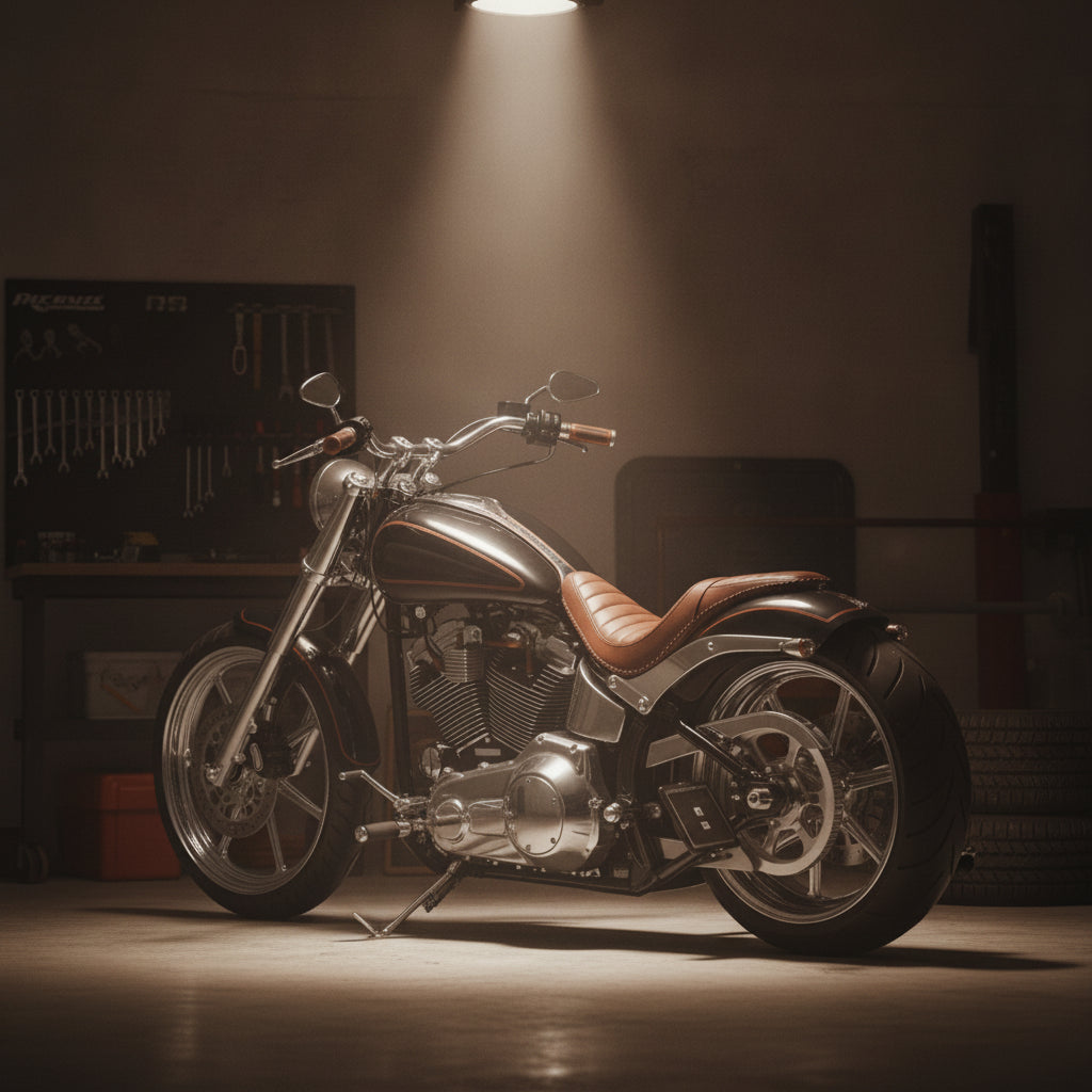 A cruiser parked safely in a home garage at night