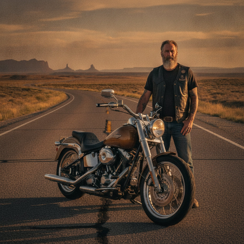 A rider standing beside his cruiser at golden hour